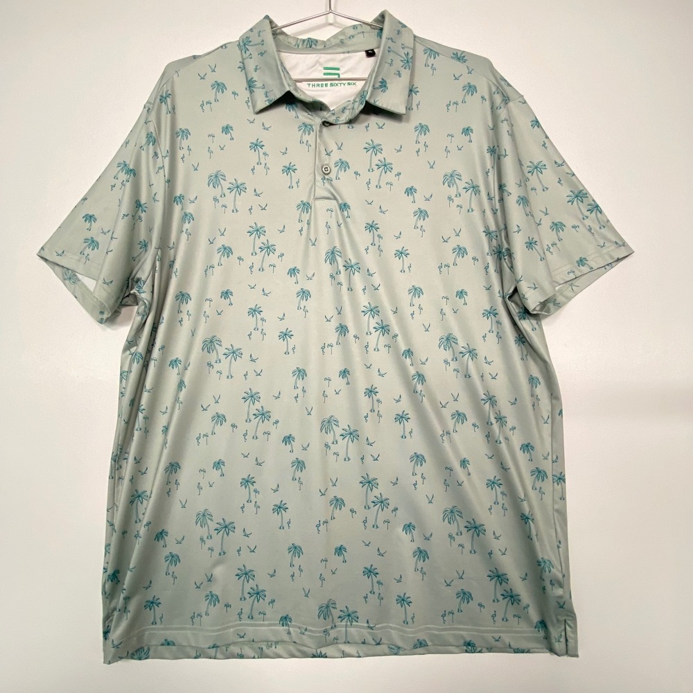 Three Sixty Six Mens Polo XL Green Palm Tree Flamingo Golf Shirt Short Sleeve‎